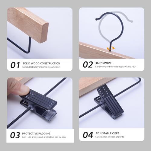 Nature Smile Deluxe Wooden Pants Hangers,Solid Rubber Wood Jeans Skirt Hanger with Blacak Hook Pack of 20(Natural Varnished) - color: Natural