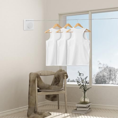 Huakaile 15.7 FT/4.8 M Stainless Steel Retractable Clothesline Indoor, Non-Sagging Retractable Clothesline Outdoor Heavy Duty Retracting Wall-Mounted Portable Drying Hanging Laundry RV (White) - color: White