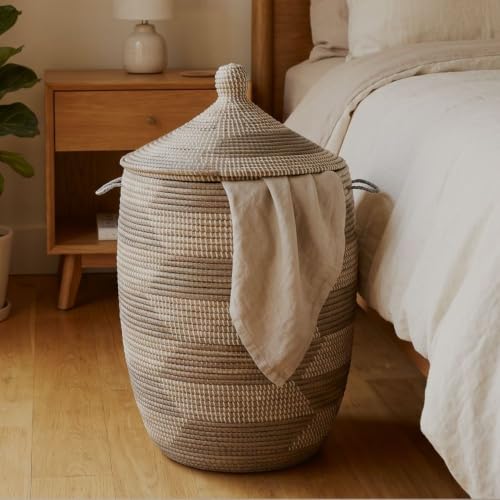 Large Decorative Wicker Storage Basket with Lid, Laundry Hamper, Blanket Storage, Toys Bin, Clothes Holder, Boho Style, 18" Wide, 23" Tall (Gray White) - color: Gray White