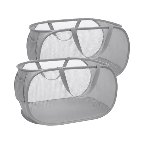 Collapsible Laundry Hamper Basket,Pop Up Mesh Foldable Bag for Laundry Room - color: Double Grey