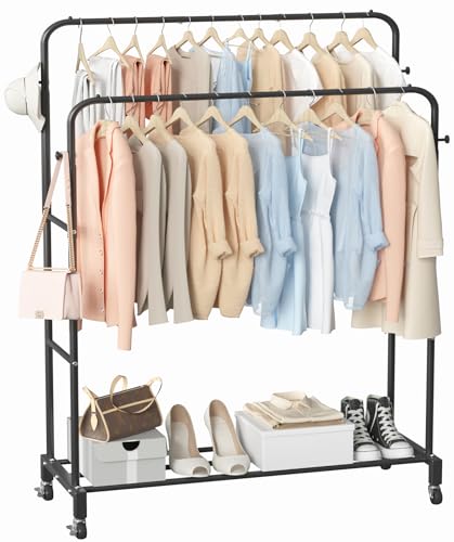 Sooyee Double Rod Clothing Rack with Wheels, 3 Tier, Black - color: Black