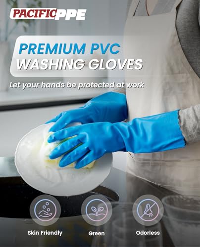 PACIFIC PPE 2 Pairs Dishwashing Gloves, Cotton Flocked Liner, Blue, Medium - color: Blue, size: Medium (Pack of 2)