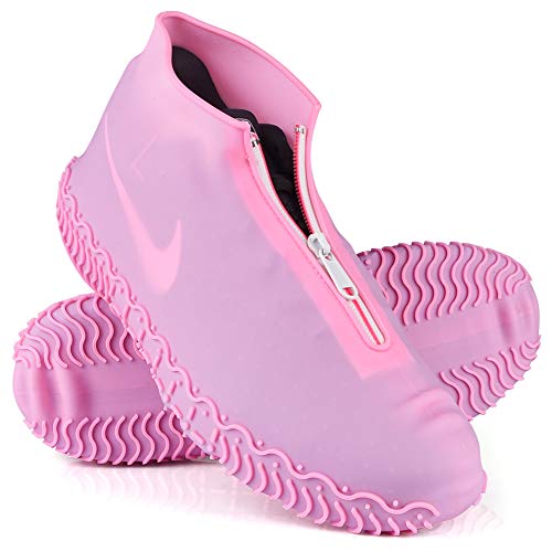 Shiwely Waterproof Shoe Covers, Silicone Reusable Shoe Cover Non-slip Durable Zipper Elastic Rain Cover Protection for Men Women (M (Women 5-7, Men 5-6), Pink) - color: Pink, size: M (Women 5-7, Men 5-6)
