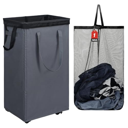 DOKEHOM 90L X-Large Rolling Laundry Basket Hamper on Wheels, Grey - color: Grey, size: X-Large Pro 29"