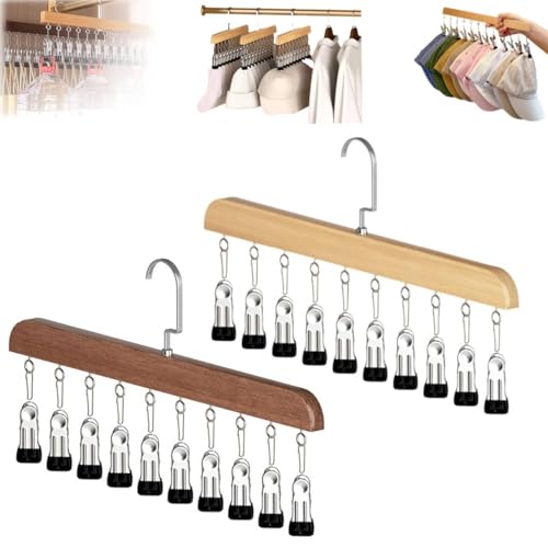 Closet Organizer with 10 Clips, 2PCS Space Saving Hanging Closet Organizer, Space-Saving Hat Scarf Clothespins for Jeans Skirts Socks Leggings Wooden Pant Hangers with Clips(Vintage+Wood) - color: 2pc-light Wood+dark Brown Wood