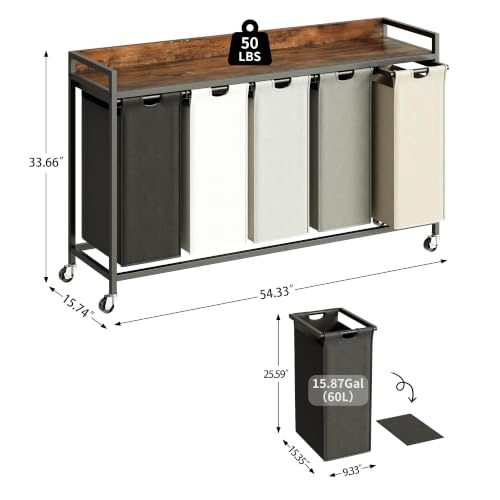 Herture Laundry Hamper with Shelf, Laundry Basket 5 Section, Laundry Sorter with Pull-Out Removable Large 5 Color Bags and Movable Wheels, Metal Frame, 5 x 15.87 Gallons (60L), Rustic Brown PF08XLN - color: Rustic Brown + 5-Color, size: 5 Bags-300 L