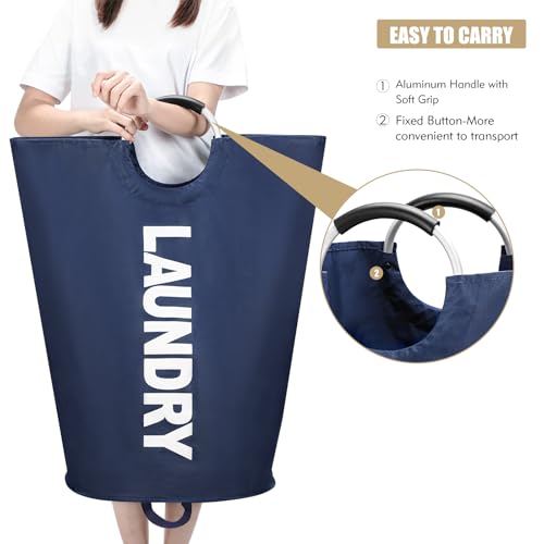 Maxsilan 90L Large Laundry Basket Bag, Collapsible Tall Hamper, Dark Blue - color: Dark Blue, size: 90L