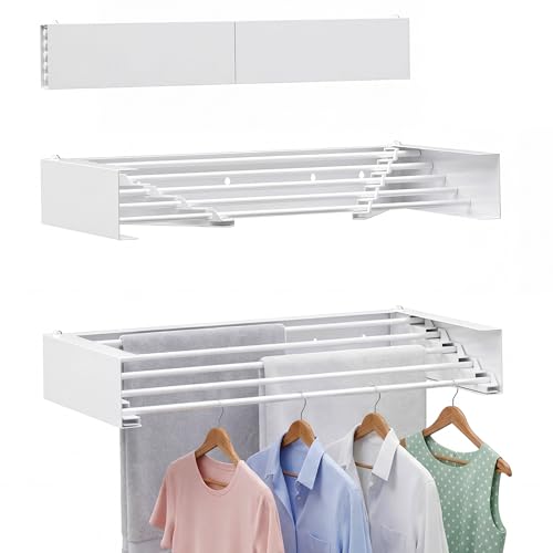 Wall Mounted Clothes Drying Rack - Heavy Duty 5-Rod Retractable Clothing Drying Rack, 60LBS Capacity Tiered Laundry Hanger, Large Foldable Dryer Racks for Indoor - color: Standard, size: Width 31.5"