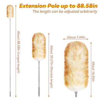 Lambswool Duster with Extendable Handle up to 88.58 in, Natural Feather Dusters Long Pole Stainless Steel, Fluffy Feather Duster for Cleaning High Floor Ceiling Fans, Window Blinds Shelves, Furniture