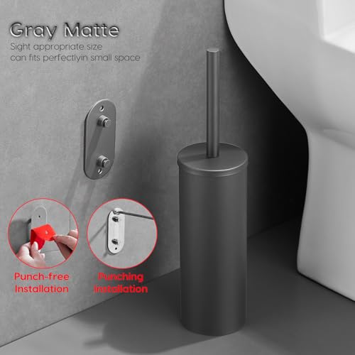 Gray Toilet Brush and Holder Set Stainless Steel No-Punch Hook Base - color: Gray