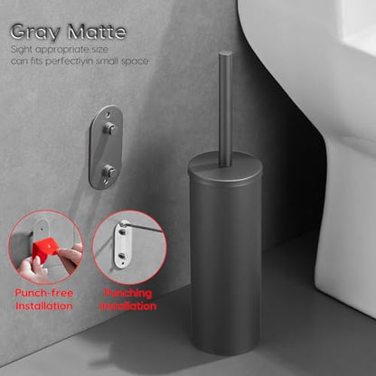 Gray Toilet Brush and Holder Set Stainless Steel No-Punch Hook Base - color: Gray