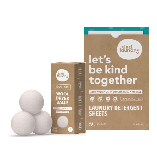 KIND LAUNDRY Wool Dryer Balls (3-Pack) & Detergent Sheets - Eco-Friendlier, Organic and Reusable Fabric Softener