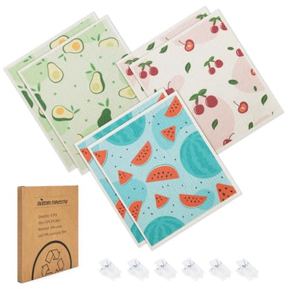 Swedish Dishcloths for Kitchen, 6 Pack Fruit Swedish Dish Towels with Clips, Reusable Paper Towels Washable Non-Scratch Super Absorbent Cellulose Sponge Cloths, Biodegradable No Odor - color: Fruit