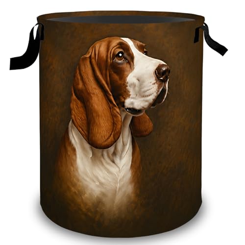 Basset Hound Laundry Basket Hamper, Organizer Bins Gifts for Women Kids, Vintage Brown Cute Dog Foldable Waterproof Clothes Hamper Handles Storage Bucket for Bedroom Bathroom Room Decor 19.7"x15.7" - color: Basset Hound