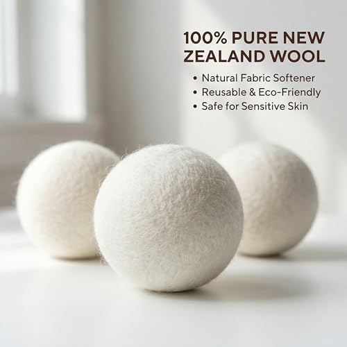 Woolly's Wool Dryer Balls – 100% Pure New Zealand Wool, Reusable Natural Fabric Softener, Reduces Drying Time & Clothes Wrinkles, Chemical-Free Dryer Balls (Pack of 6)