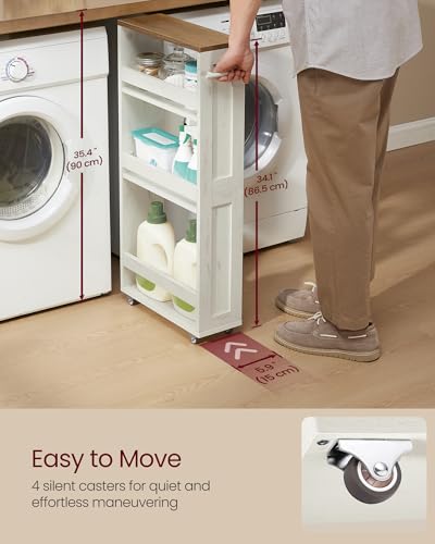 VASAGLE 4-Tier Slide-Out Storage Cart, Slim Kitchen Cart with Wheels - color: Rustic White + Honey Brown, size: 5.9"D