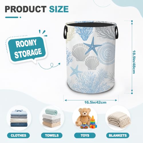 Coastal Seashell Dirty Clothes Hamper,Foldable Laundry Basket with Handles,Blue Coral Waterproof Oxford Cloth Storage Bin for Bedroom Bathroom Nursery,16 x 20 Inch - color: Coastal Seashell,Blue Coral