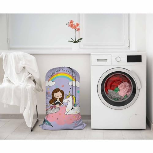 Swono Large Capacity Laundry Hamper Basket Unicorn And Mermaid Sitting at The Pink Cloud Rainbow Stars Storage Baskets for Bedroom Bathroom Dorm Dining Room, Oxford Cloth 28x40 Inch - color: Unicorn And Mermaid