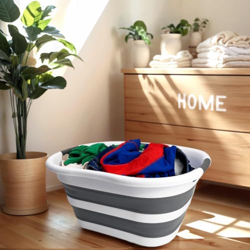 SAMMART 40L (10.5 gallon) Plastic Foldable Laundry Basket/Tub - Collapsible, Space Saving and Portable Laundry Hamper, Ideal for Home, Travel, Dorm, and Camping (1, White/Steel Gray) - color: White/Steel Gray