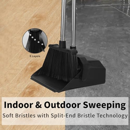 Tiumso Commercial Broom and Dustpan Set, 3-Pack Broom with Dustpan Combo Set, Industrial Brooms and Dustpans Sets 51 inch Long Handle, Large Brooms and Dust Pan for Hall Lobby Office Garage - Black - color: Total Black
