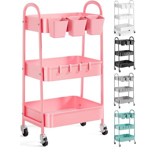 3 Tier Metal Rolling Cart with Lockable Wheels and Handle,Three Tiered Cart - color: Fashion Pink, size: 3 tier