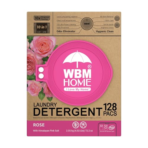 WBM 10-in-1 Laundry Pods, Total 128 Count, High Efficiency, Ultra Concentrate with Powerful Stain Lifter Technology, Fabric Softener With Rose Extracts, Detergent Pods - size: 128 Count (Pack of 1)