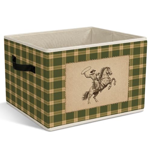 Vintage Cowboy Rodeo Foldable Storage Bins with Handles, Western Plaid Decorative Storage Basket for Organizing Clothes Tools Books, Cowboy Basket Gift for Nursery Living Room Bedroom - color: Vintage