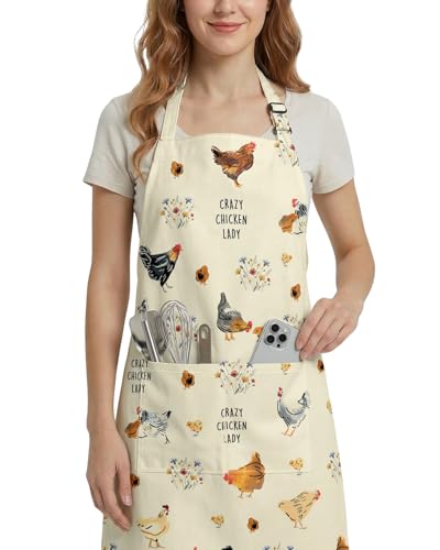 Women Apron, Cute Kitchen Aprons for Women, Girls - color: Beige Chicken Lady