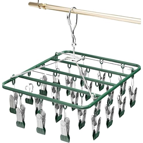Drying Rack for Sock, Stainless Steel Sock Drying Rack with 23 Clips, Swivel Hook Windproof Hanger for Sock, Laundry, Hat, Scarf, Bras, Towel, Underwear, Pants, Gloves (Green) - color: Green