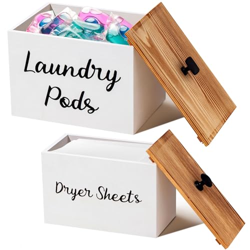 Dandat 2 Pcs Wood Rustic Laundry Dryer Sheet Holder Pod Container with Lid 8.7 x 6.3 x 6.4 Inch Laundry Pod Holder 7.3 x 3.7 x 5 Inch Dryer Sheet Dispenser Wooden Box Container(White) - color: White