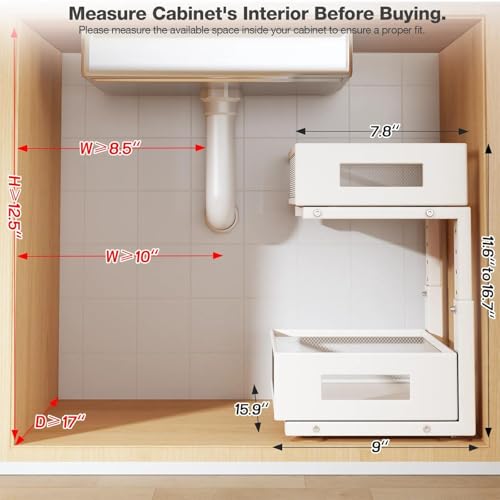 Under Sink Organizer, 2-Tier Dual Pull Out Cabinet Organizer Drawers With Smooth Circular Rail, Large Capacity Metal Mesh Sliding Shelves For Bathroom& Kitchen Storage,Height Adjustable–White,1 Pack - color: White, size: 1 Pack-15.9"Dx11.6"-16.7" H