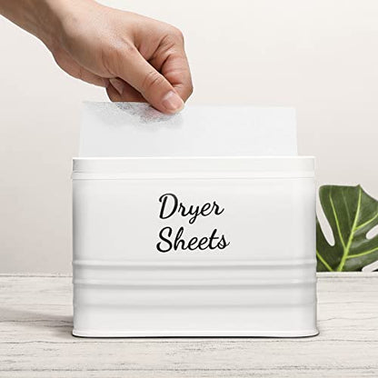 SSTATES Laundry Room Organization Set, Metal Laundry Detergent Pods Container and Dryer Sheet Holder with Lid, Laundry Powder Storage Bin with Scoop for Farmhouse Decor, (2 Pack, White)