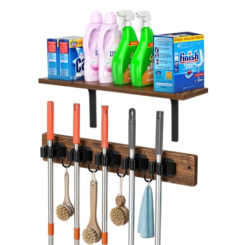 Broom Holder Wall Mount, Wooden Shelf, Rustic Wood Broom Hanger - size: 16.9"Small
