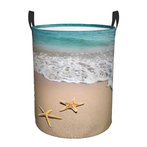 Laundry Basket Beach Starfish Room Decor,Round Laundry Hamper Waterproof Dirty Clothes Hamper Collapsible Laundry Baskets With Handles,Toy/Clothes Storage Beach Towel Basket For Dorm Bathroom Decor - color: Beach Starfish