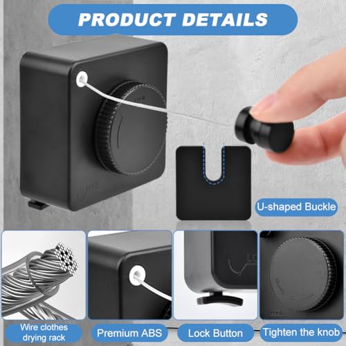 15.7Ft Retractable Clothesline Indoor,Non-Sagging Outdoor Clothesline Retracting,Heavy Duty Retractable Clothes Drying Laundry Line,Wall Mounted Stainless Steel Line with 12 Clips(Color:Black) - color: Black