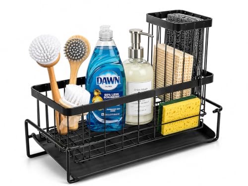 Kitchen Sink Caddy Organizer with Removable Drain Tray, Rustproof Sponge Holder for Kitchen Counter, Carbon Steel Organizer for Soap Dispenser, Scrub Brush & Cleaning Accessories.