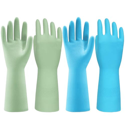 JOR Kitchen Dishwashing Gloves, Durable and Reusable Rubber with Non-Slip Grip, For Household Chores, Multi-purpose Use for Pantry, Bathroom Laundry, Medium, 12-inch Long Cuff, 2 Pairs, Green & Blue