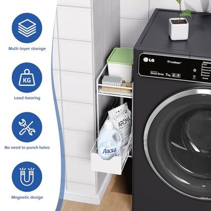 2 Tier Magnetic Shelves for Washing Machine with Pull Out Metal Drawer - color: White