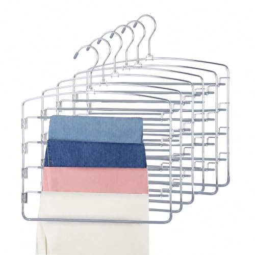 Pants Hangers 6 Pack 5 Layers Multi Functional Pants Rack Swing Arm Space Saver Hanger for Trousers Jeans Towels Scarf （Grey） - color: Grey-6 Pack