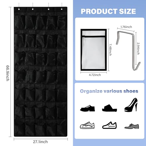 35 Pocket Over Door Shoe Organizer with 4 Metal Hooks（Black） - color: black, size: 66.9" x 27"