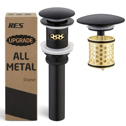 KES Bathroom Sink Drain with Overflow, All Metal Pop Up Drain for Bathroom Sink Stopper with Brass Strainer Basket Hair Catcher Anti Clog Rustproof 18/8 Stainless Steel Matte Black, S2018A-BK - color: Matte Black, style: WITH Overflow