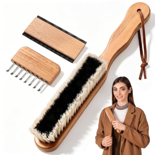 3 Pcs Clothes Brush Set Includes Garment Brush, Cleaning Comb and Lint Remover, Clothes Brushes Comb for Suit Coat Sweaters Suit and Silk, Black & White Horsehair Bristle