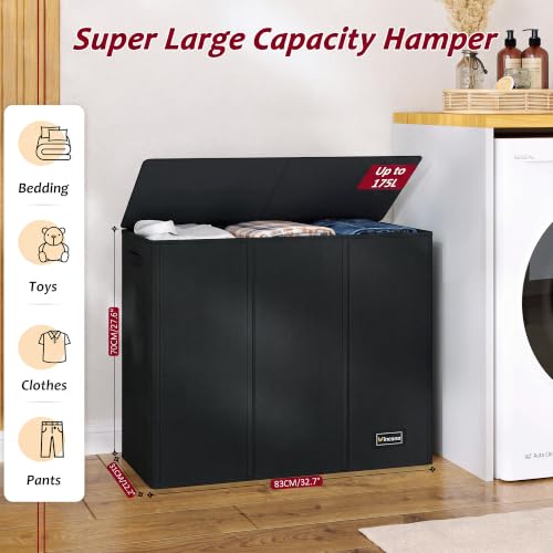 175L Laundry Hamper 3 Section,Large Laundry Hamper with Lid,Dirty Clothes Hamper with 3 Inner Bags,Collapsible Laundry Basket Organizer for Laundry Room,Bedroom,Laundry Sorter Hamper 3 Compartment - color: Black, size: 175L
