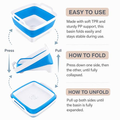 Collapsible Dish Basin with Drain Plug, Foldable Wash Basin 2.4 Gal (9L) - color: Blue
