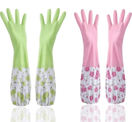Reusable Waterproof Household Gloves for Kitchen Dishwashing Gardening Bathroom and Laundry | Long Sleeve Latex-Free PVC Gloves for Men and Women | 2 Pairs (Green & Pink, Medium)