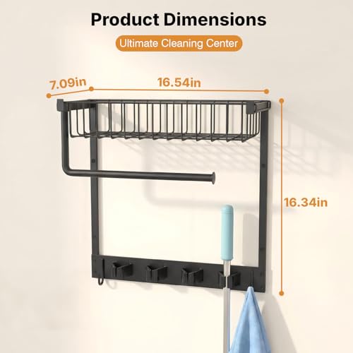 Broom Holder Wall Mount with Paper Towel Holder& Removable Anti-fall Basket
