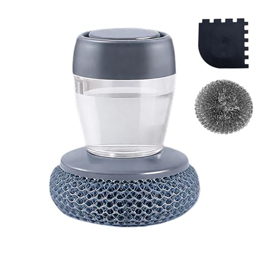 Dish Scrubber with Soap Dispenser, Steel Wool Scrubber with Replaceable Steel Wool, Transparent Cleaning Solution Reservoir, Cast Iron Cleaning Kit with Cast Iron Scraper for Cleaning Pans, Grills