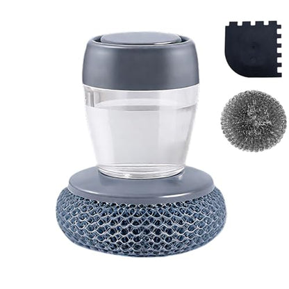 Dish Scrubber with Soap Dispenser, Steel Wool Scrubber with Replaceable Steel Wool, Transparent Cleaning Solution Reservoir, Cast Iron Cleaning Kit with Cast Iron Scraper for Cleaning Pans, Grills