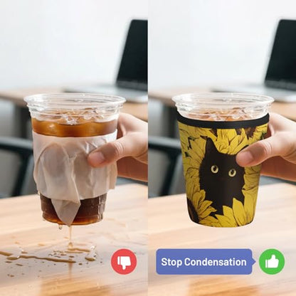 Iced Coffee Sleeve Reusable Neoprene Cup Sleeves, Sunflower Cat - color: Sunflower Cat