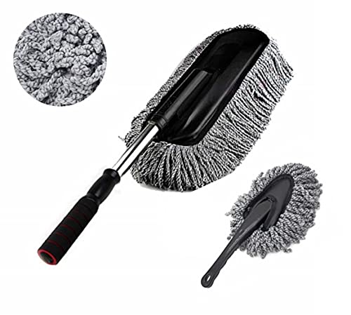 Removable Telescopic Car Wax Drag Nano Fiber Car Wash Brush Car Dusting Tool Car Mop Wax Dash Duster Exterior Interior Cleaning Kit (Premium Car Duster & Dash Duster 2 Pcs Set, Gray) - color: Gray, size: Premium Car Duster & Dash Duster 2 Pcs Set